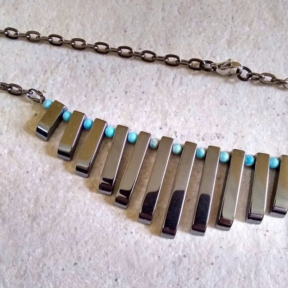 Ocean Soul & Earth Strength. Unique Hematite + Larimar Fan Necklace - Picture 4 of 8